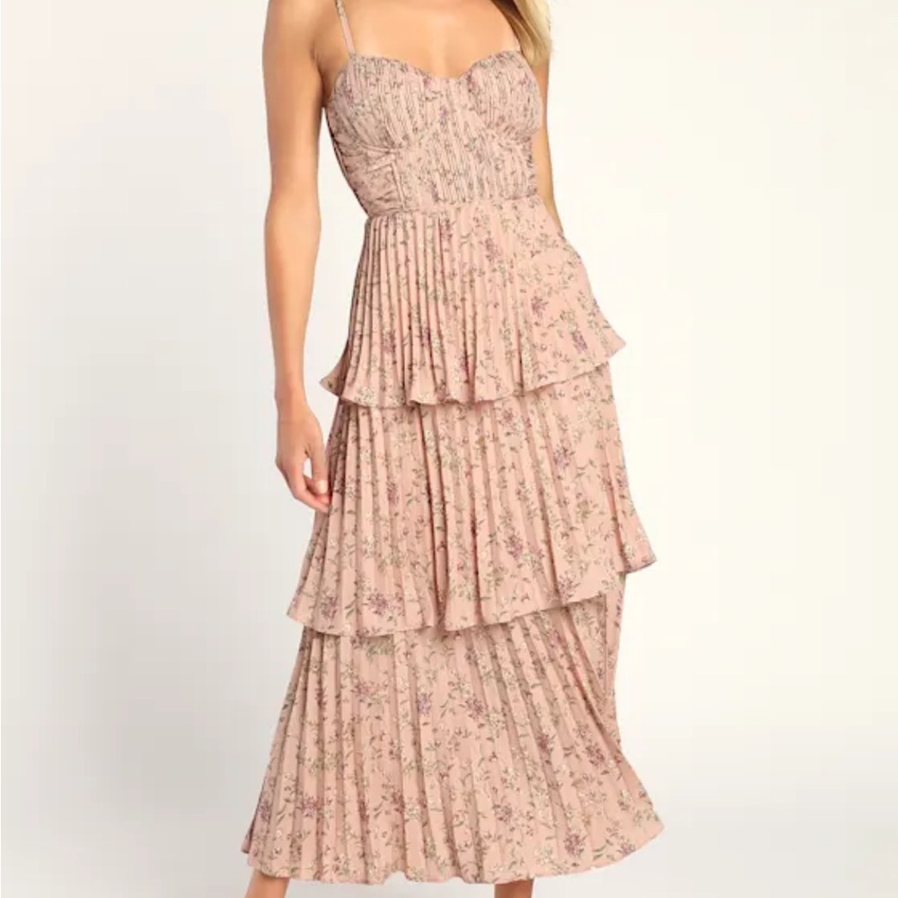 Lulu's Cascading Crush Pink Floral Print Tiered Bustier Midi Dress